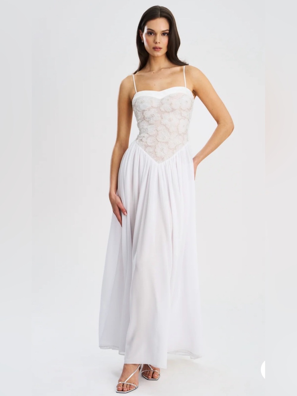 Miss Circle Ucille White Embroidered Chiffon Maxi Dress - Size Medium, NWT